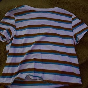 White, blue, and brown striped shirt. Size medium.
